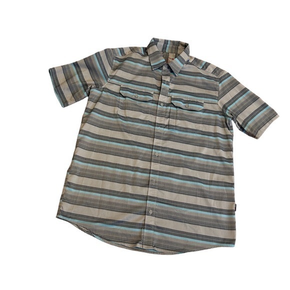 SwissTech‎ men’s sz Medium short sleeve gray blue stripe. 2 front button pockets - Picture 1 of 11